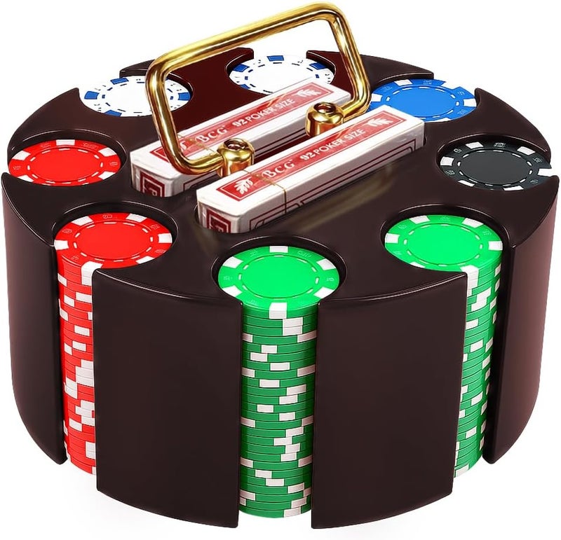 COMFECTO Poker Set, 200pcs 11.5gr Hefty Casino Chip Set with Solid Wooden Rotating Carousel Case and 2 Decks of Game Play Cards Kit for Beginners Casual and Professional Holdem Blackjack Poker Players - Image 1